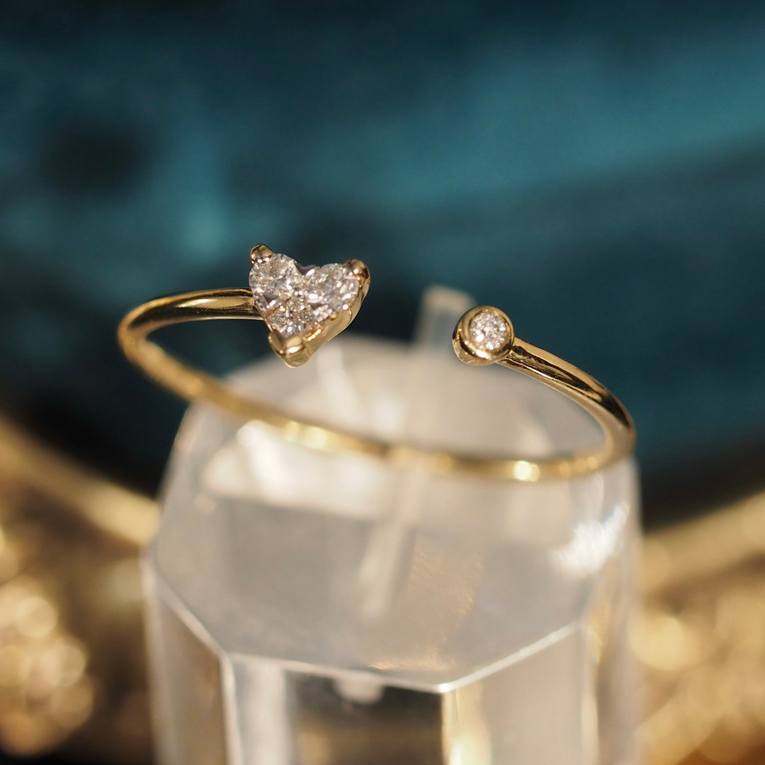 18K金钻石心形圆点戒指  18K Gold Diamond Heart and Dot Ring - 戒指 - 贵金属 