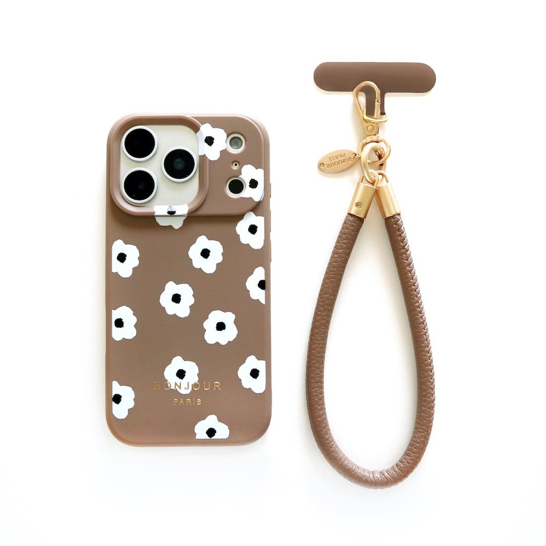 RICHE | 日本新品 - 焦糖咖啡小白花挂绳手机壳 iPhone18pro.17.16 - 手机壳/手机套 - 聚酯纤维 咖啡色