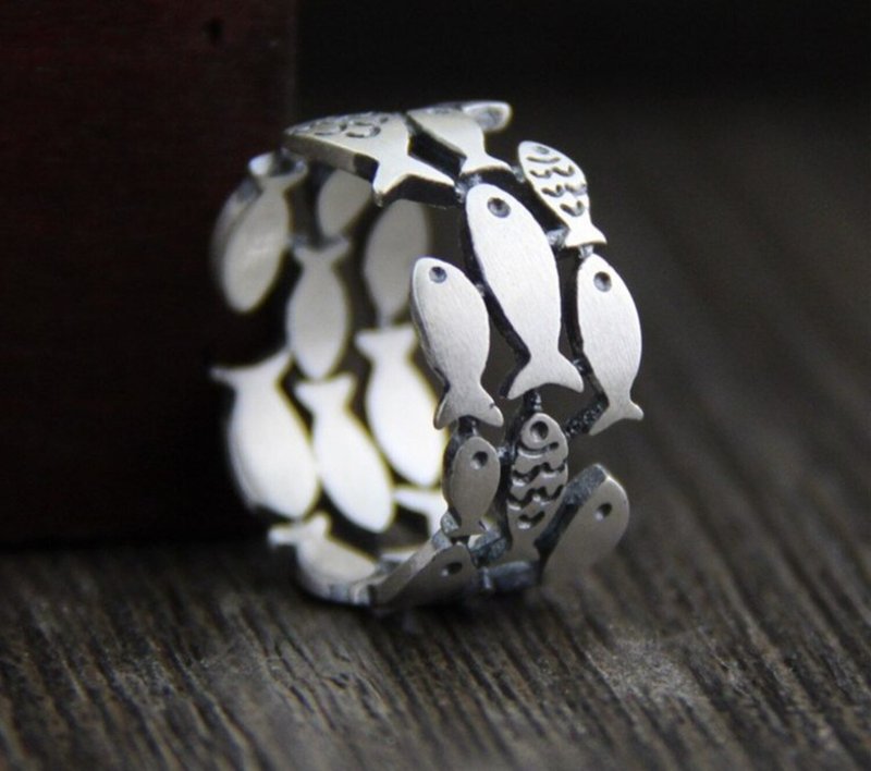 Real S990 Fine Silver Women Lovely Fishes Rings Handmade Engrave Animal Finger - 戒指 - 纯银 银色