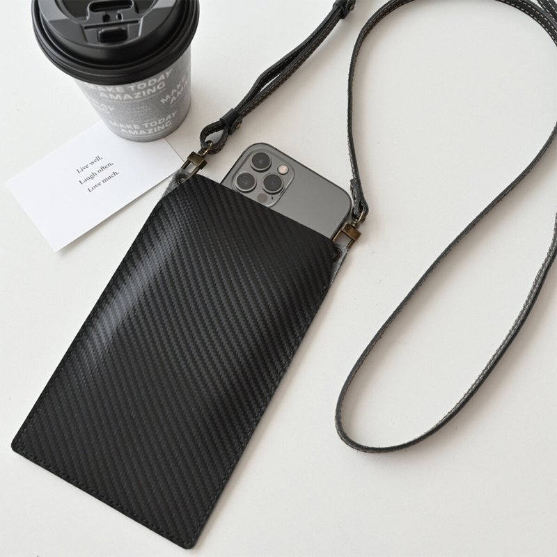 兼容所有型号智能手机单肩包袋真皮碳皮革 [智能手机袋] 单肩斜挎包皮革男士智能手机手提包 DE05M - 手机配件 - 真皮 黑色