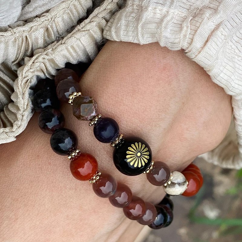 【Lost and find 】神庙风 黑龙晶 石榴石 玛瑙 手链 Set BL01 - 手链/手环 - 宝石 红色