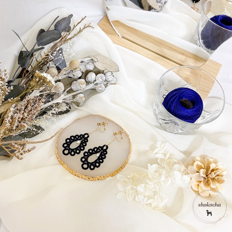 Tatting Lace Drop Ear Accessory Black - 耳环/耳夹 - 棉 黑色