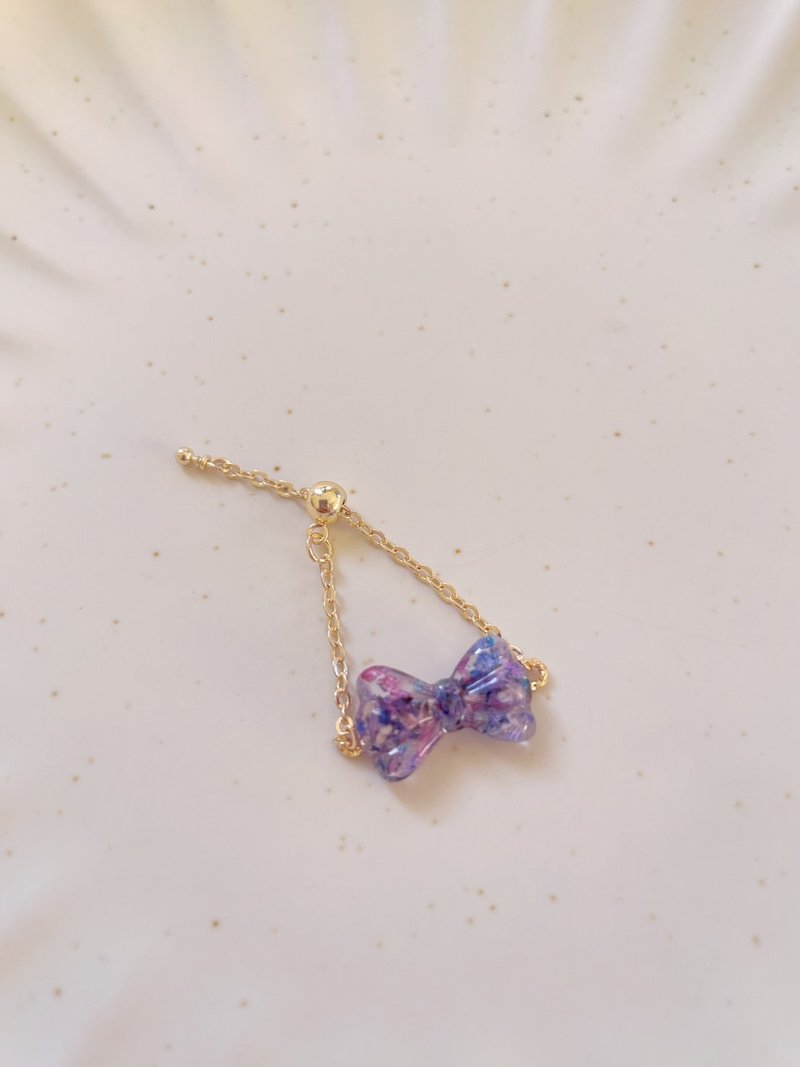 缤纷//紫色碎花蝴蝶结造型/14K包金戒指链可调节 - 手链/手环 - 其他金属 白色