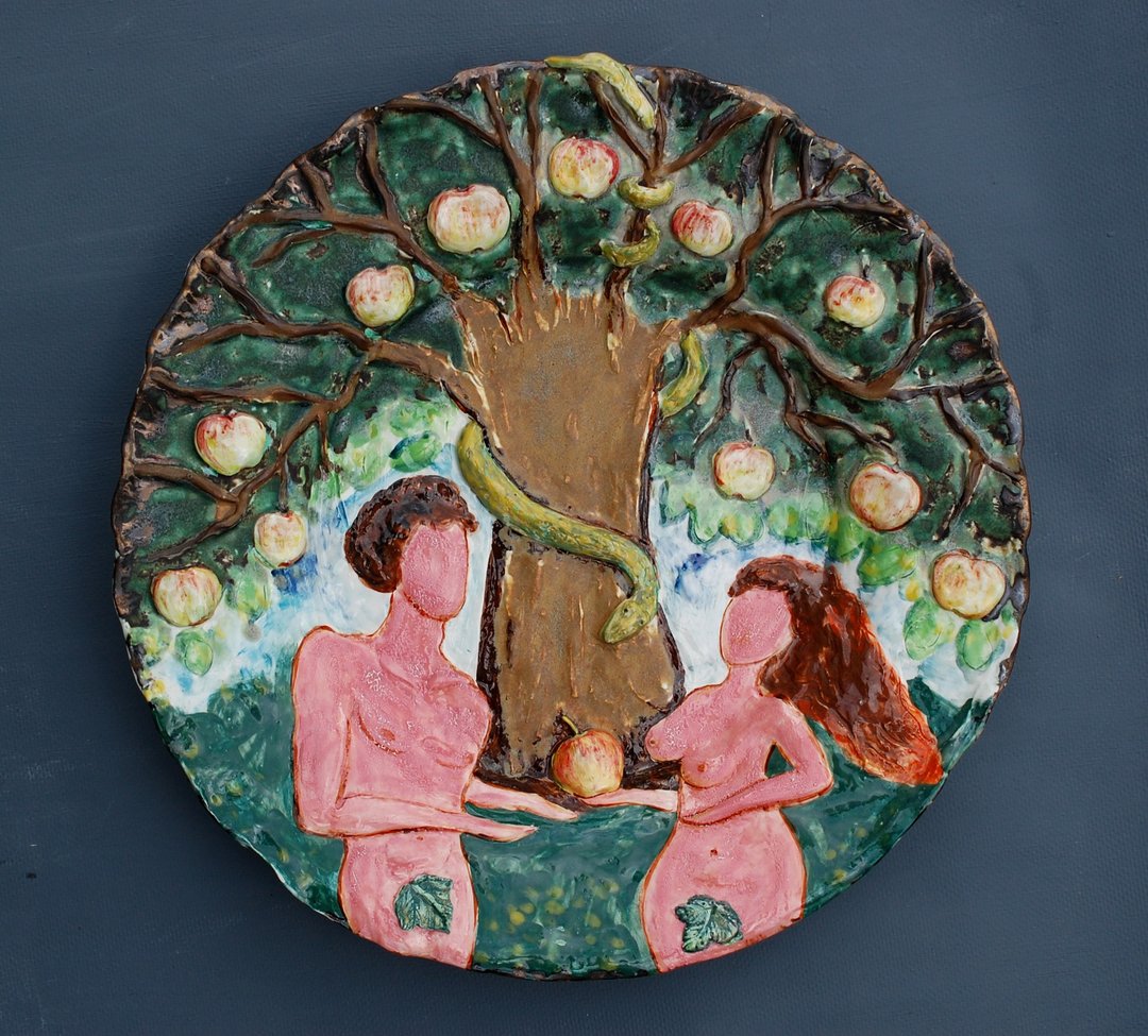 Adam and Eve Large ceramic plate Wall decorative plate Abstract art - 花瓶/陶器 - 陶 多色