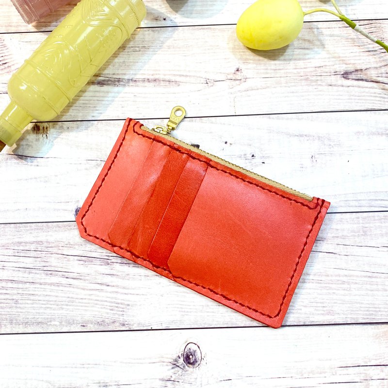 红色油腊牛皮简约四卡拉链零钱包-人缘红 - 皮夹/钱包 - 真皮 红色