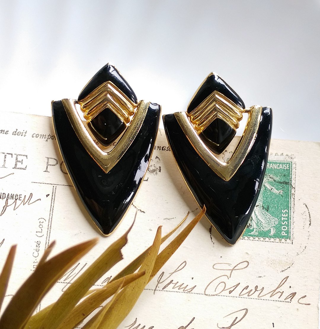 Vintage Jewelry 西洋古董饰品 黑色调 摩登女郎 针式耳环 - 耳环/耳夹 - 其他金属 金色