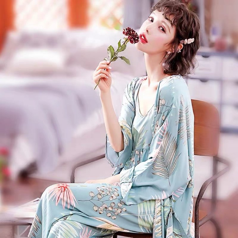 。莫兰迪物语。三件套微露性感唯美V领睡衣超仙棉绸开衫家居服 - 居家服/睡衣 - 丝．绢 