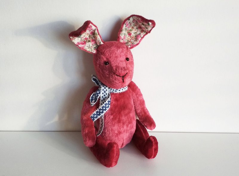 玩具兔子 Pink bunny Artist rabbit ooak Antique teddy Jointed toy Vintage plush - 玩偶/公仔 - 其他人造纤维 红色