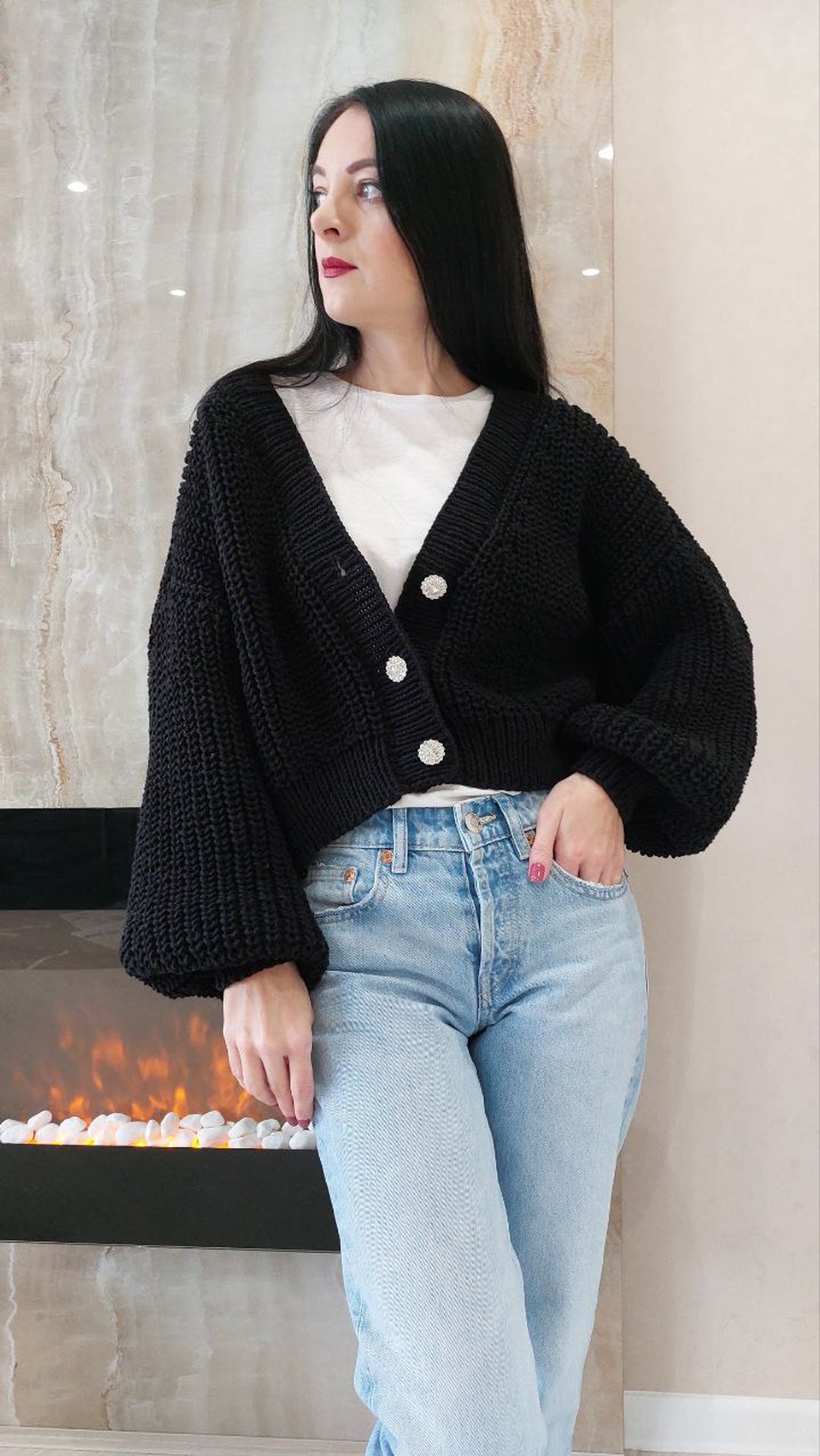 V neck knit jacket Button long sleeve top Loose cardigan Black cotton cardigan - 女装上衣 - 棉 