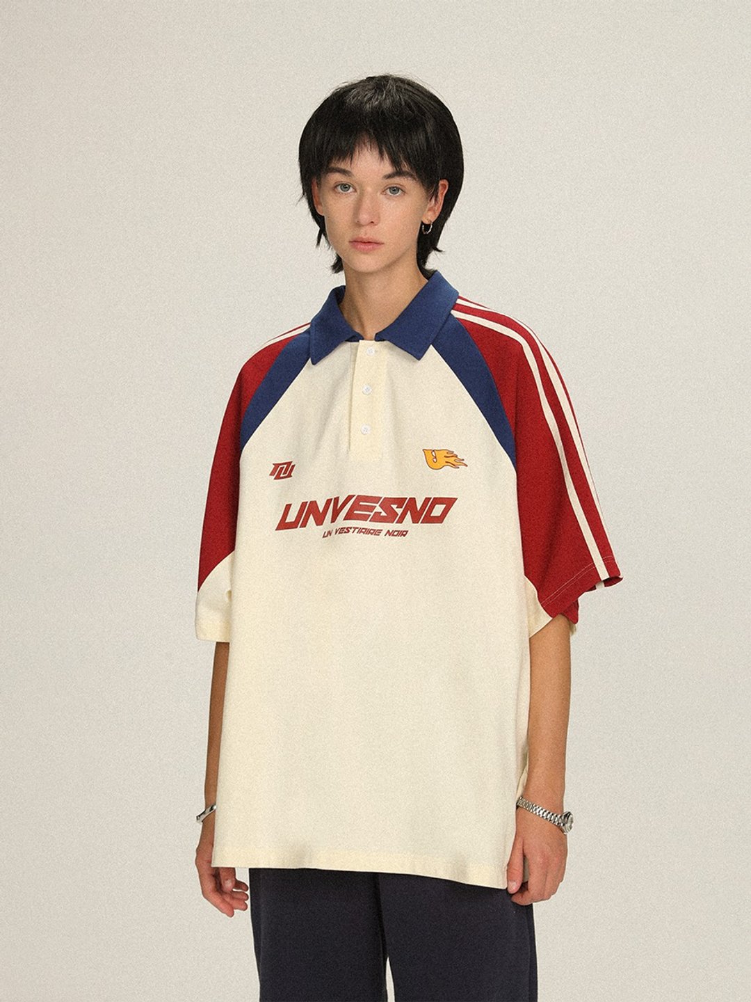 UNVENSO 解构拼接校园国潮polo衫短袖夏季休闲上衣男T恤 SWS-1558 - 男装上衣/T 恤 - 棉 白色