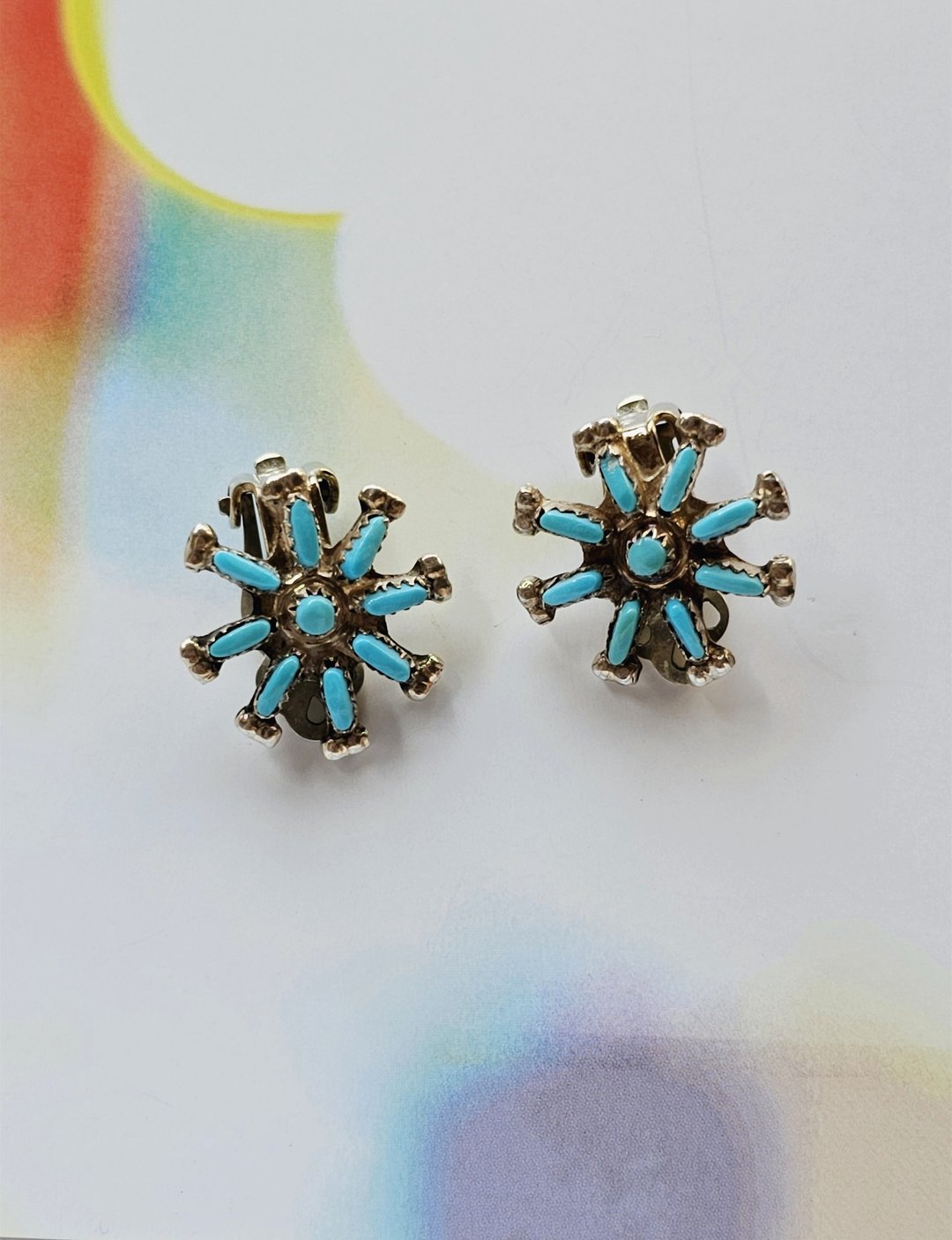 美国西洋古董饰品 / 花型绿松石夹式耳环/复古首饰 - 耳环/耳夹 - 其他金属 