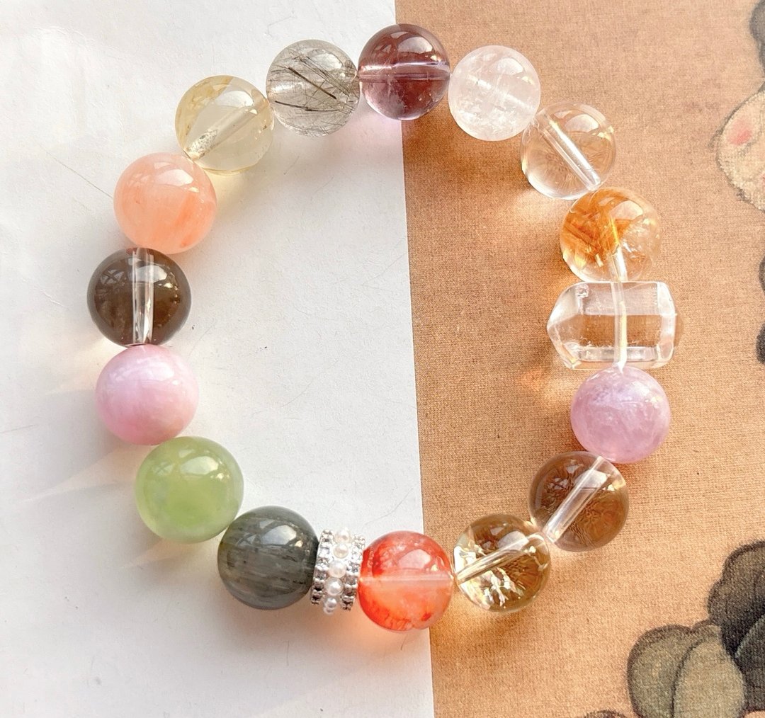 天然黄塔晶 白水晶 白幽灵 紫水晶 银发晶 黄阿赛 兔毛发晶 - 手链/手环 - 水晶 