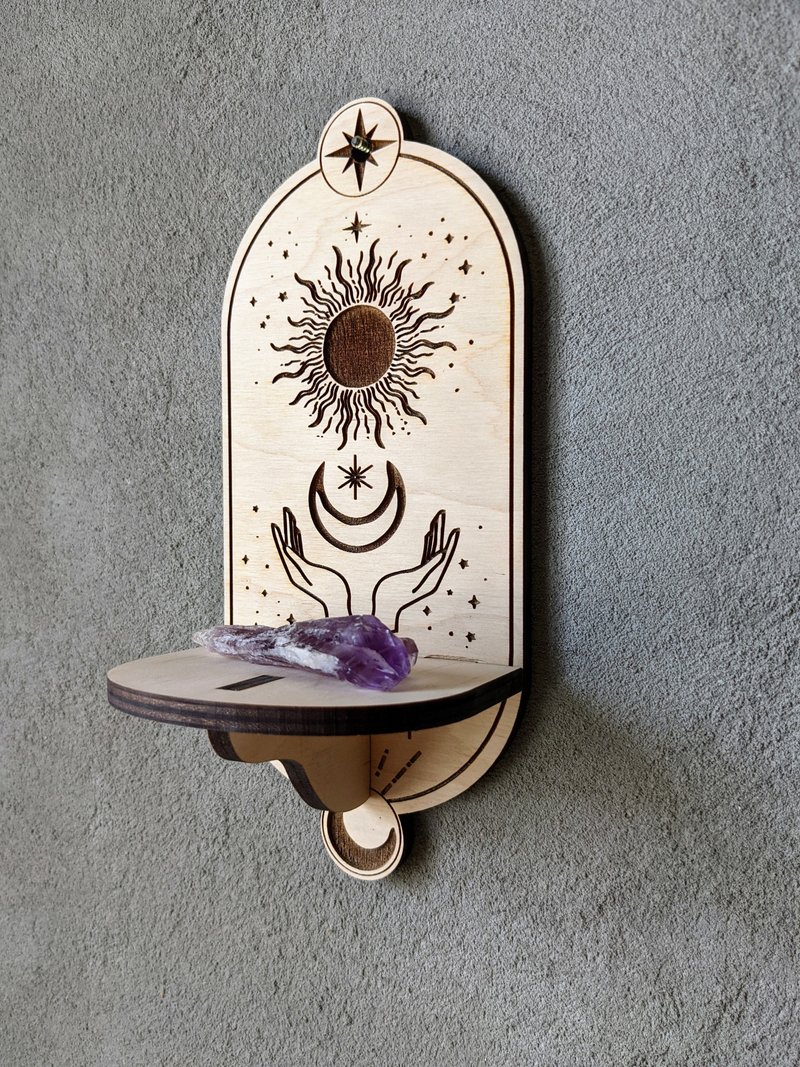 Sun and moon wall shelf, altar shelf, crystal shelf, small shelf wood - 摆饰 - 木头 白色