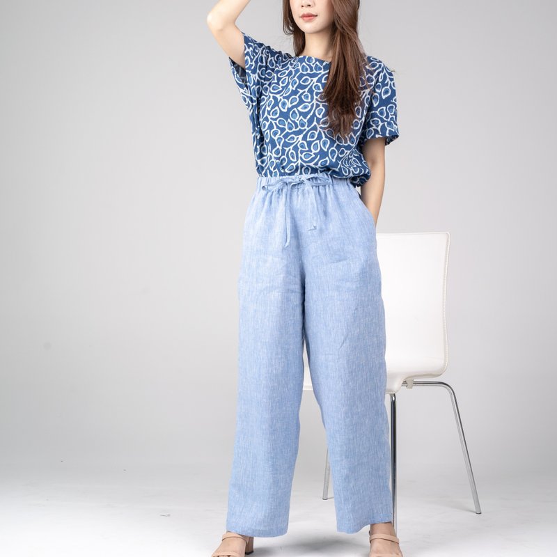 Natural Linen Pants Drawstring Waist and Pockets - Light Blue - 女装长裤 - 亚麻 蓝色