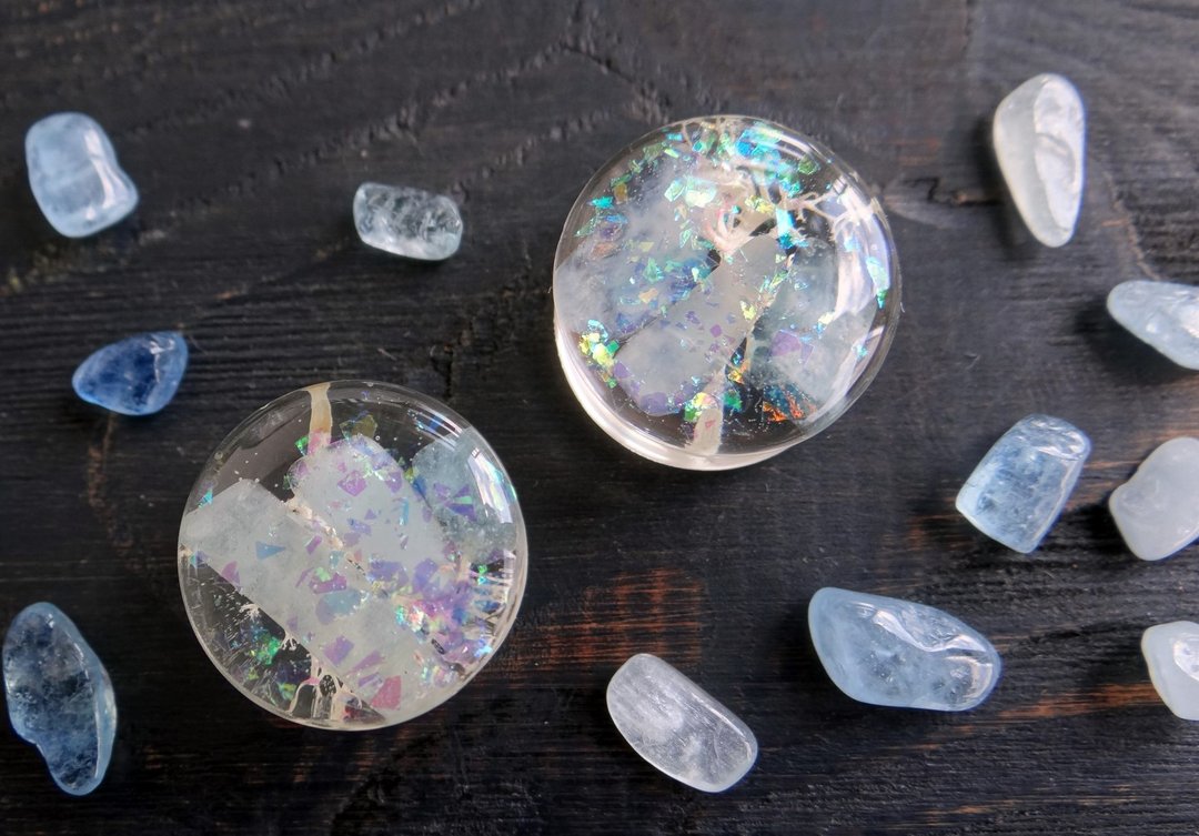 Aquamarine Stone plugs earrings 0g 00g Cosplay Elf Iridescent glitter tunnels - 耳环/耳夹 - 宝石 透明