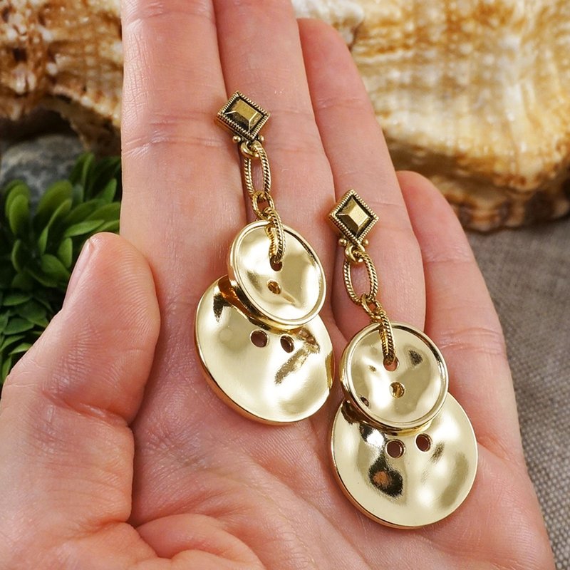 Golden Button Earrings Long Large Geometric Metal Statement Earrings Jewelry - 耳环/耳夹 - 其他金属 金色