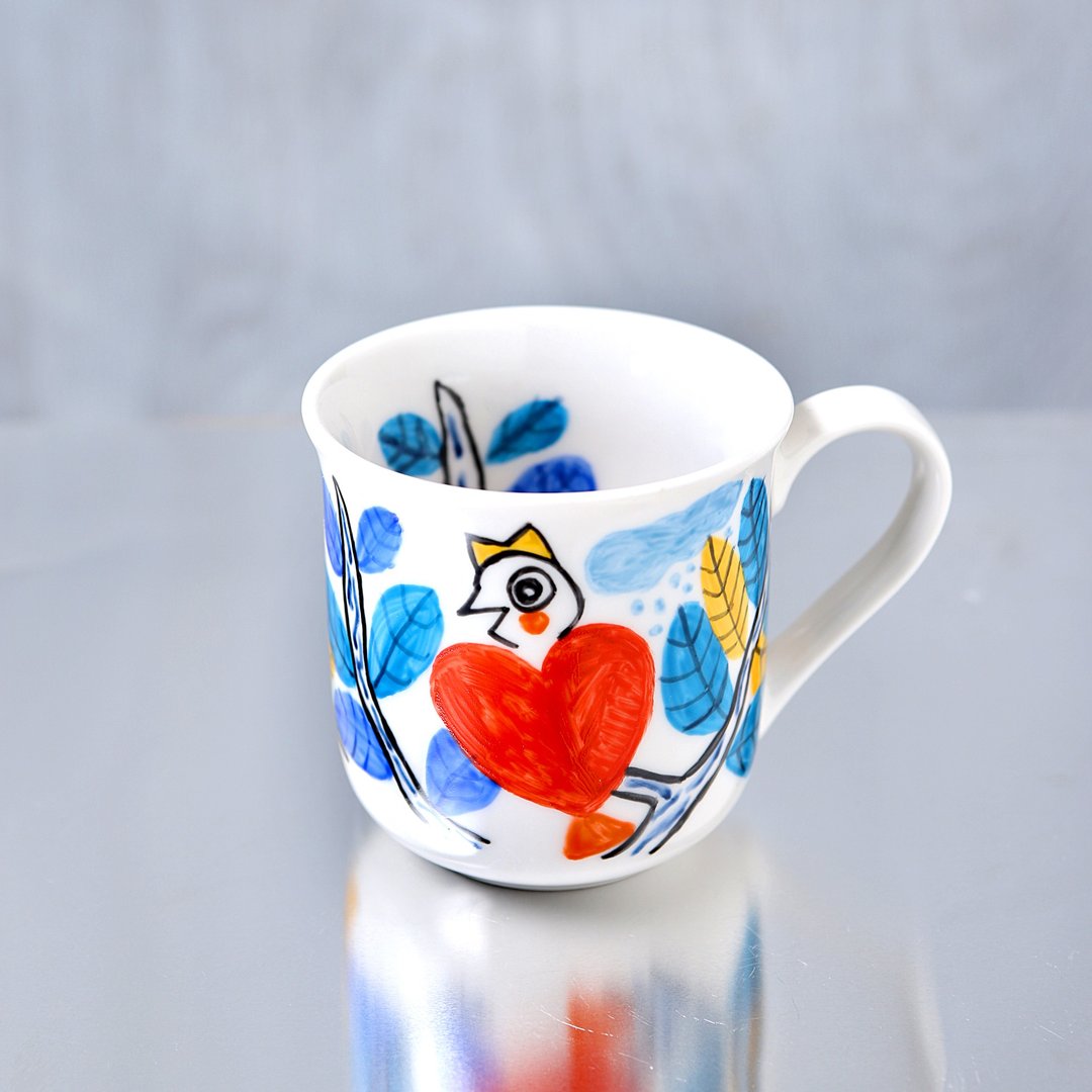 Red heart bird mug and blue leaves talking on the treetop - 咖啡杯/马克杯 - 瓷 红色