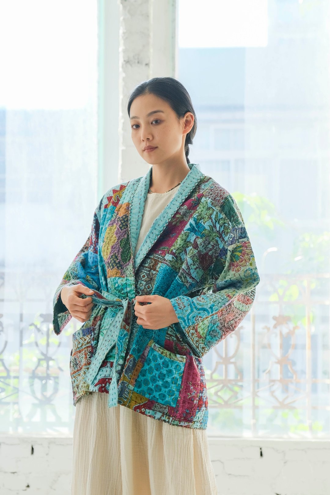 坎塔刺绣两面穿中性和式外套 淡蓝 - 女装休闲/机能外套 - 棉 蓝色