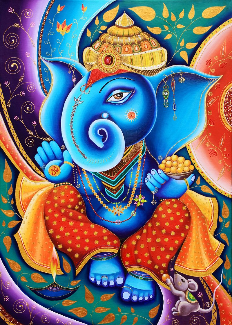 Ganesha Painting Indian Original Art Ganapati Wall Art Elephant Artwork 50by70cm - 海报/装饰画/版画 - 其他材质 蓝色