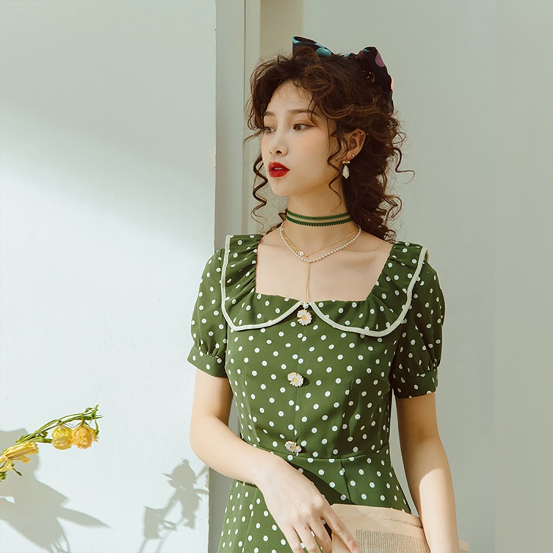 法式复古洋装连衣裙女夏森系仙女裙子 - 洋装/连衣裙 - 聚酯纤维 绿色