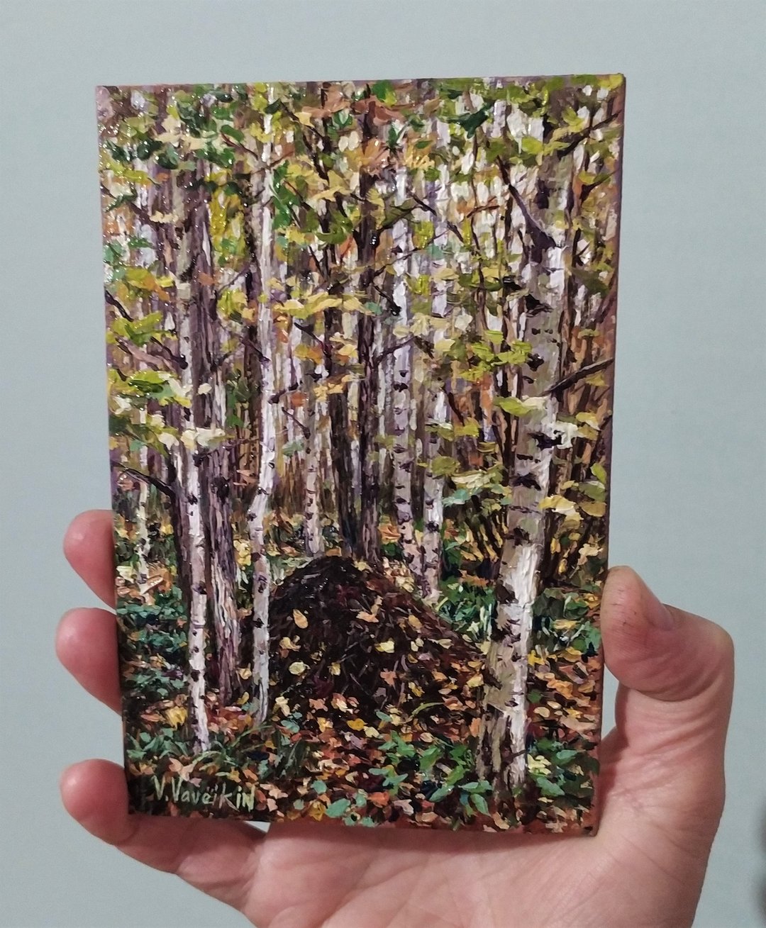 森林画原创油画艺术品小秋天风景艺术 6x4 英寸 - 墙贴/壁贴 - 棉．麻 绿色