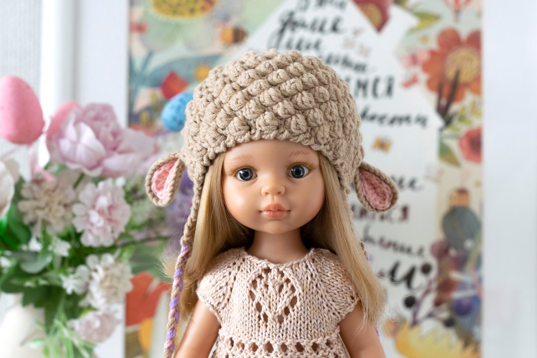 13寸Paola Reina娃娃小羊帽，Meadowdoll Dumpling，动物帽，针织帽 - 玩具/玩偶 - 棉 卡其色