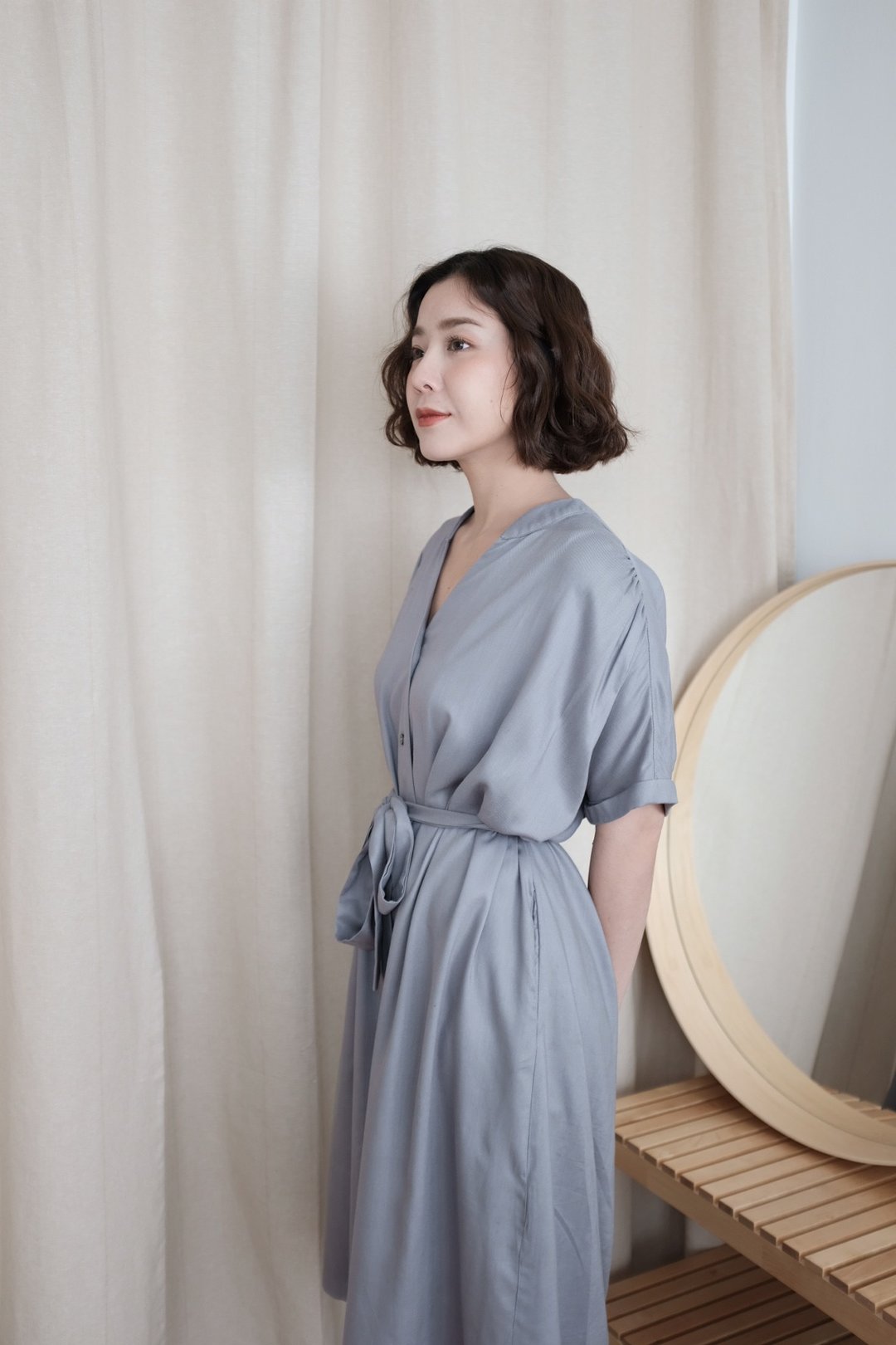 WHITEOAKFACTORY Khloe cotton rayon bow dress - Smoke blue - 洋装/连衣裙 - 棉 蓝色