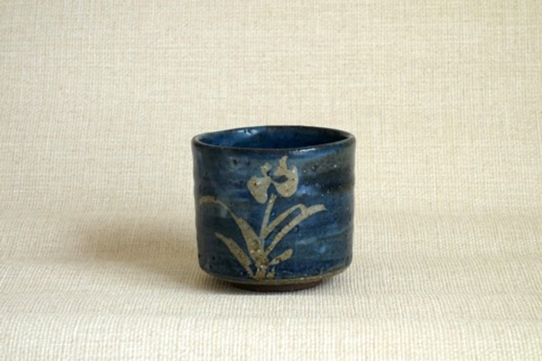 花卉五须画圆柱形茶碗 - 碗 - 陶 蓝色