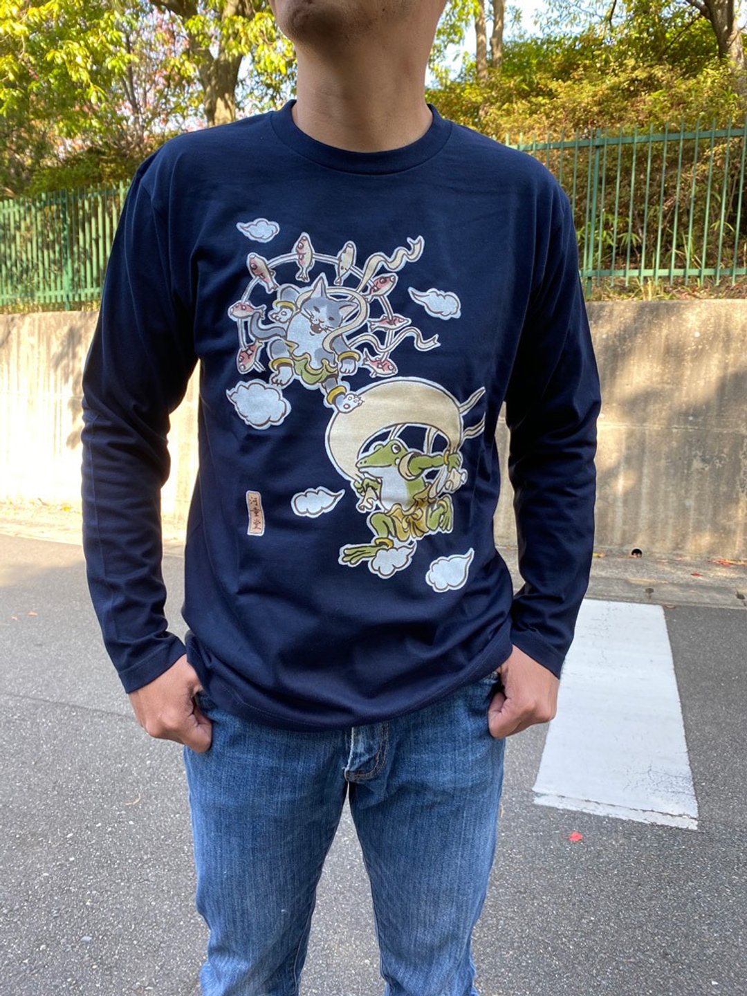 Long Sleeve T-shirt Fujin Raijin Navy Unisex - 女装 T 恤 - 棉 蓝色