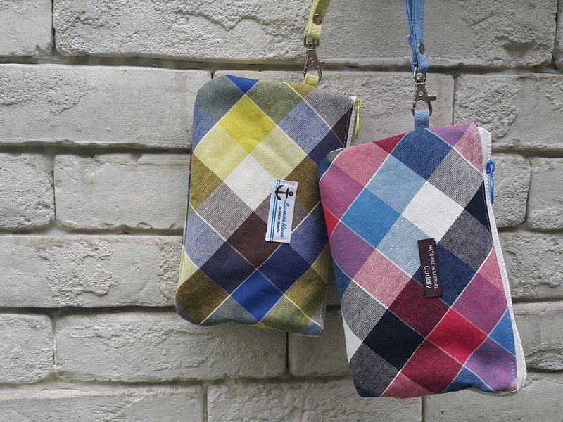 学院风 黄蓝白格纹双拉链三层手挽俏丽小包 - 手提包/手提袋 - 棉．麻 多色