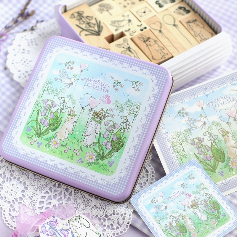 ekru no mori 花祭系列【全套印章23-27件】含饼干盒，适用于新年贺卡、圣诞卡、明信片，含兔子、垂耳兔、动物、草花共23件，附法语 - 印章/印台 - 橡胶 紫色