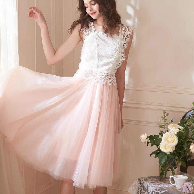 A-Megan绣花蕾丝/上衣+粉短纱裙,礼服,轻婚纱,二件式 - 晚装/礼服 - 聚酯纤维 粉红色