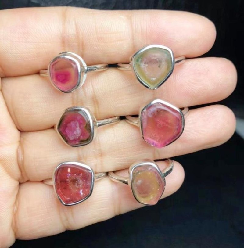 西瓜碧玺戒指，生西瓜碧玺银戒指 - 戒指 - 纯银 