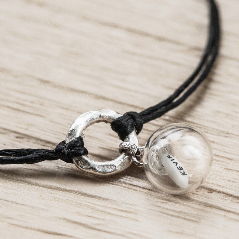 蚕丝蜡线925敲面银环纯银手链【定制化姓名刻字】长度可调 抗敏 - 手链/手环 - 其他材质 黑色