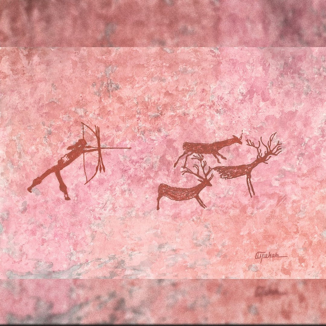 鹿狩猎绘画室内史前艺术水彩画结束粉彩画 - 海报/装饰画/版画 - 纸 红色