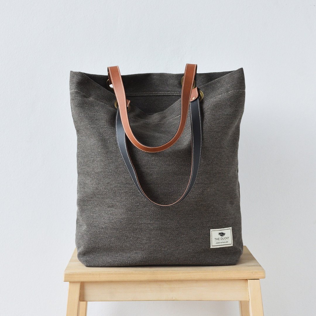 Basic tote - 抽烟棕色 - 手提包/手提袋 - 棉 咖啡色