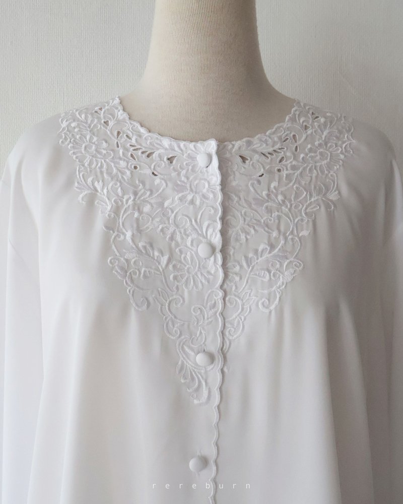 复古刺绣领韩国制宽松欧美版型长袖白色古着衬衫 - 女装衬衫 - 聚酯纤维 白色