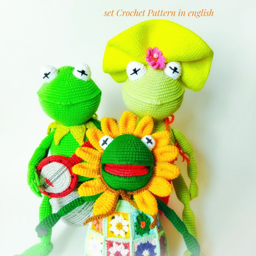 Set crochet pattern PDF. Three frogs, Kermit Frog, Miss Frog - 手工艺教程/工具书 - 其他材质 