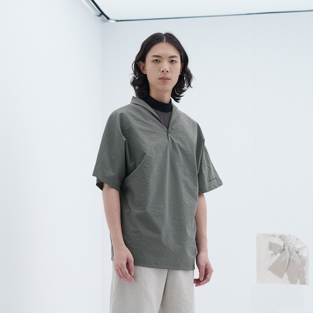 TRAN - 宽松丝瓜领TEE - 男装上衣/T 恤 - 棉 灰色