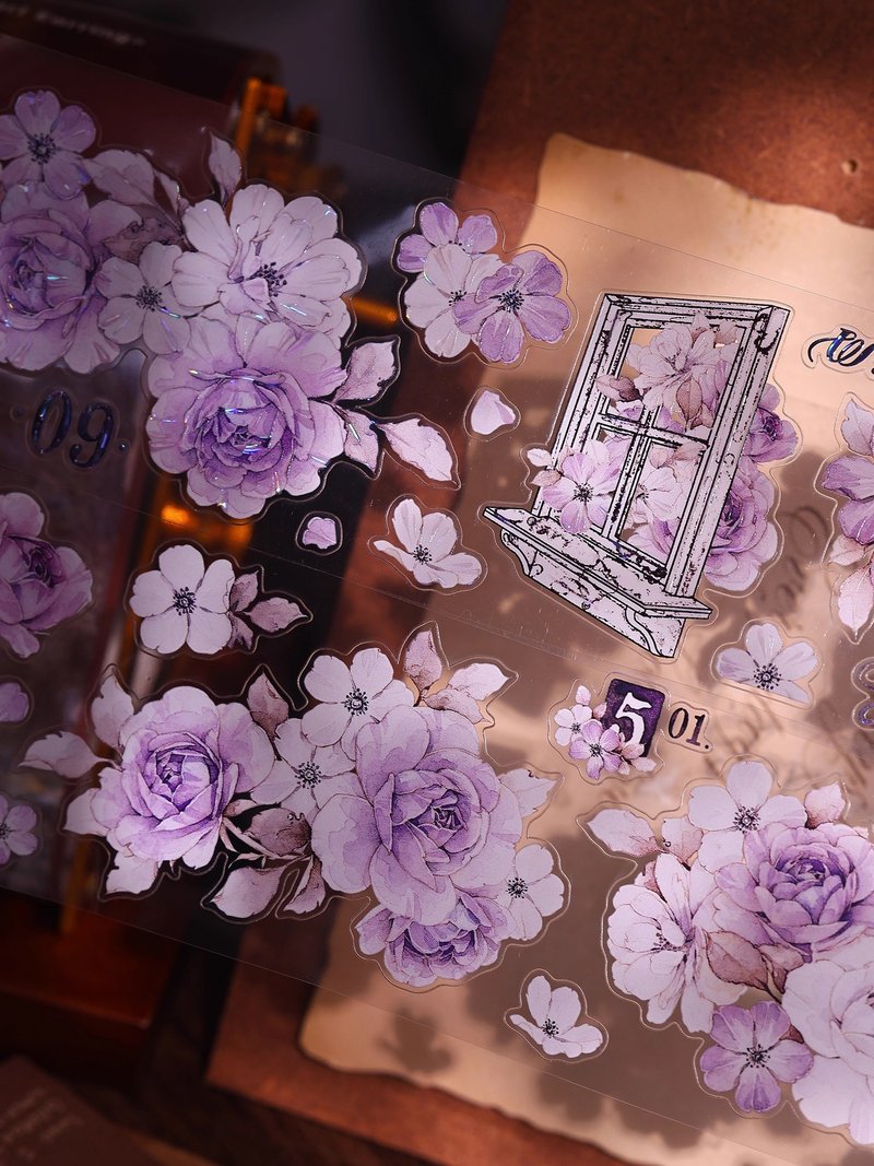 疏影  复古紫色花卉和纸PET贝壳光模切手帐贴纸胶带 - 纸胶带 - 纸 多色
