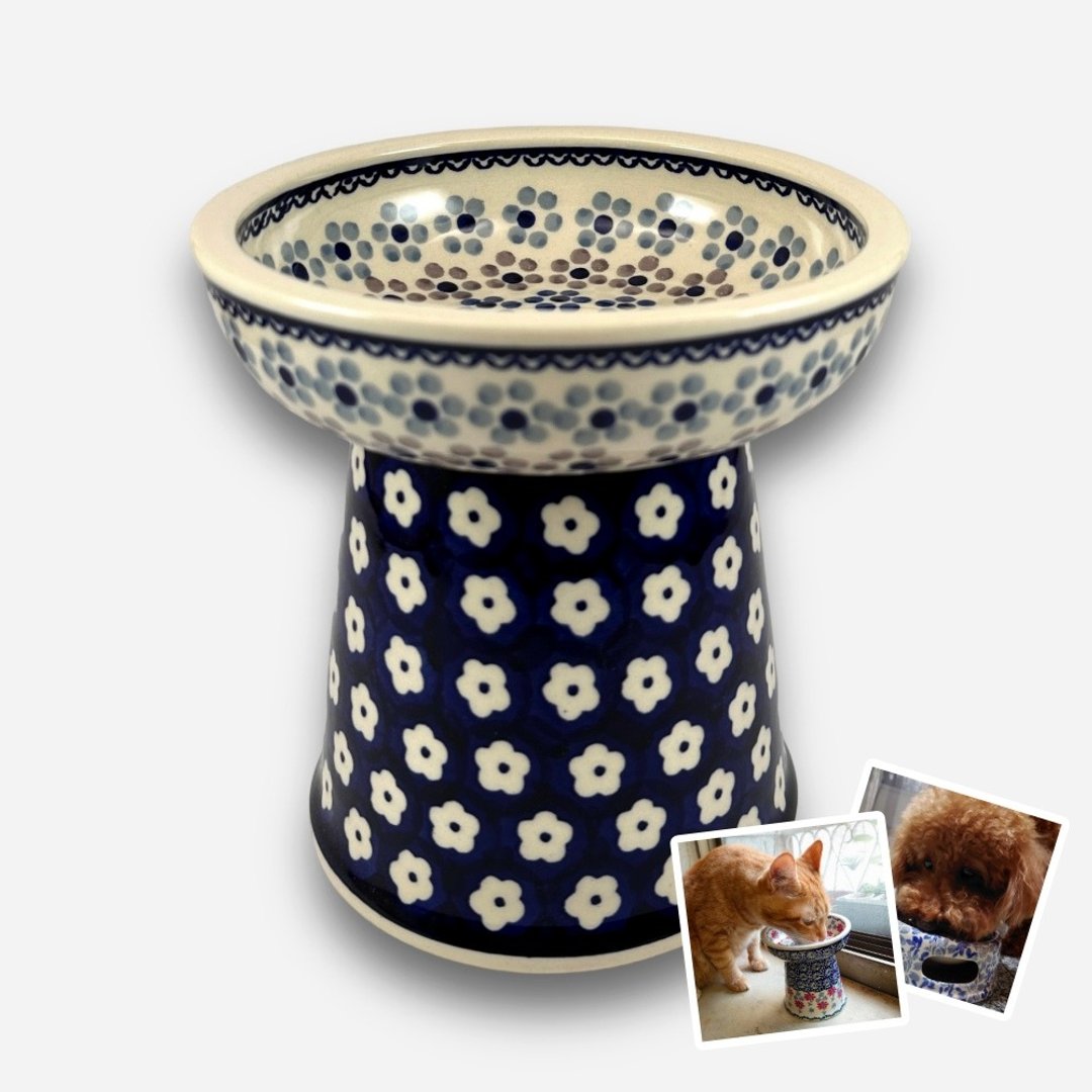 波兰手绘手工陶-宠物碗 高脚碗 猫咪/小型犬适用 14cm - 碗/碗架 - 陶 蓝色