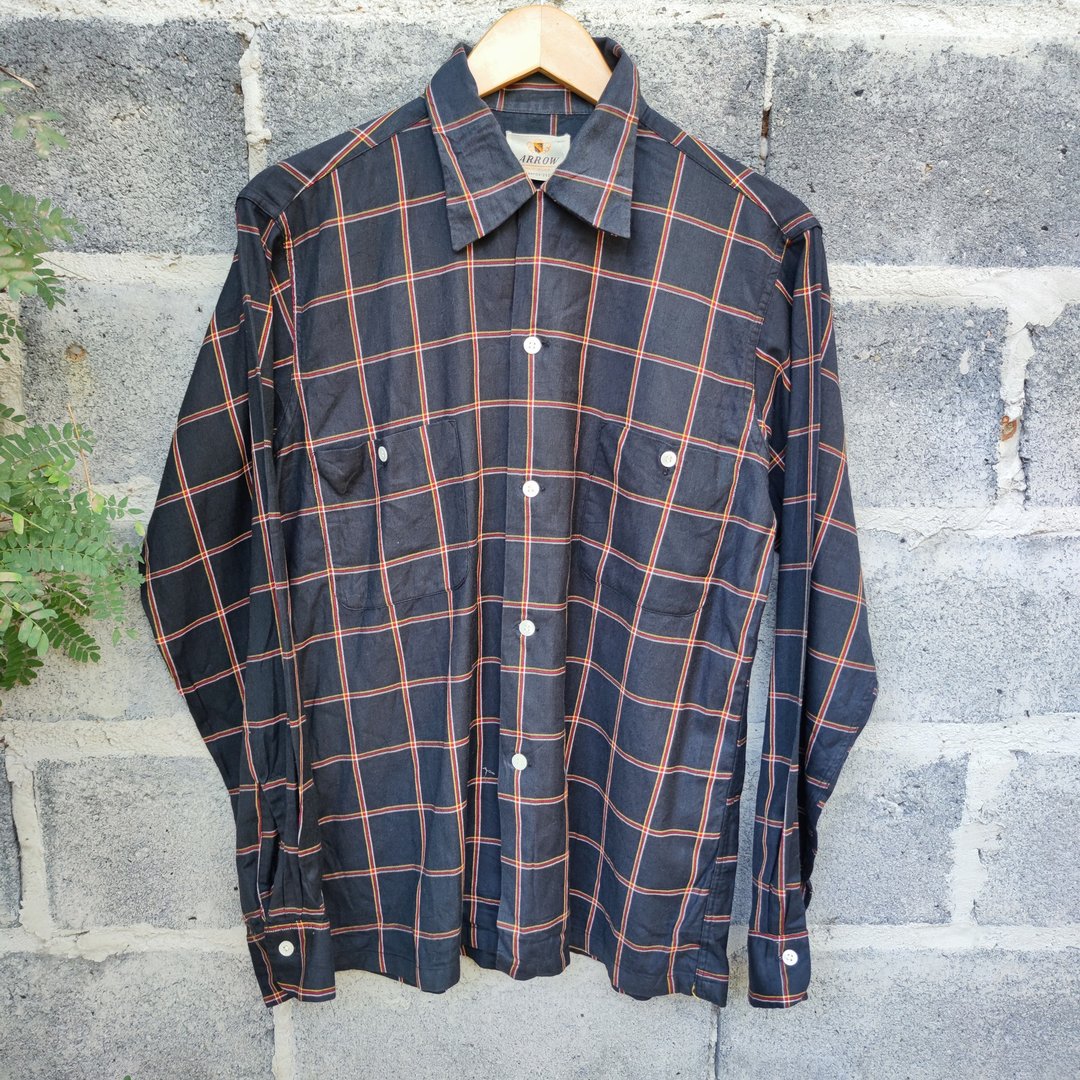 Vintage 60s Arrow Sanforized Cotton Rayon Shirt Men's  Black Multicolor Check - 男装衬衫 - 棉 黑色