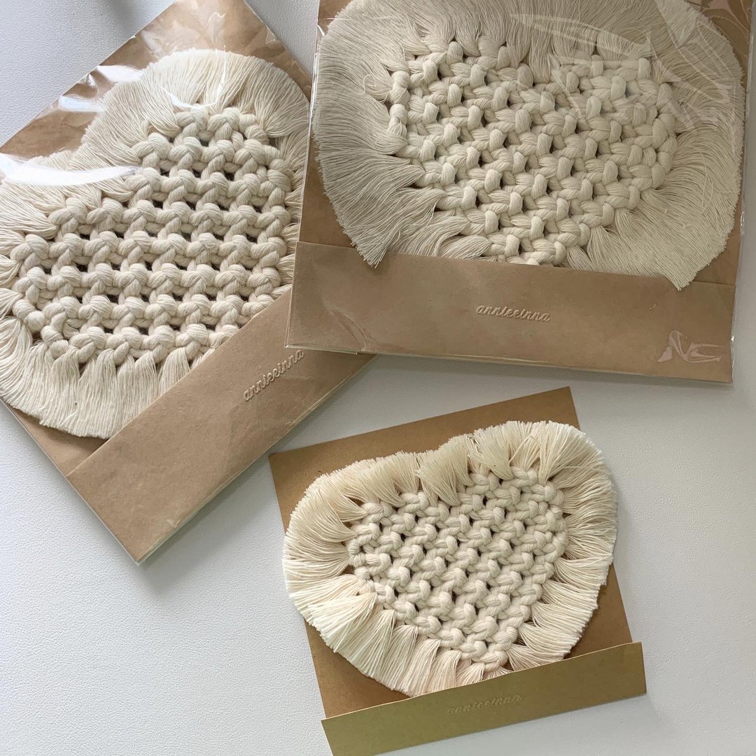 Macrame 波希米亚 爱心 编织杯垫 - 摆饰 - 棉 白色