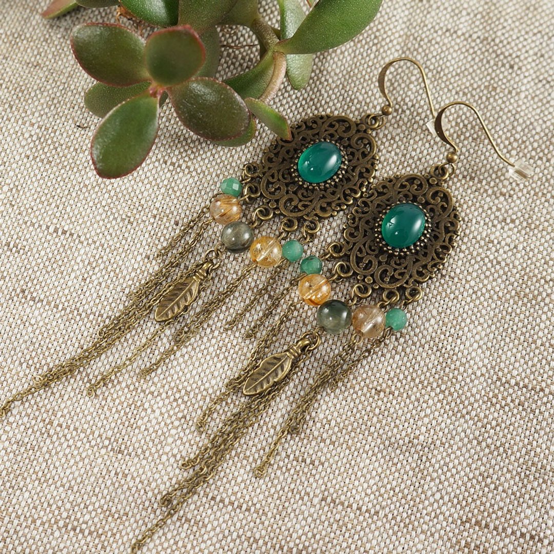 Green Agate Earrings Yellow Rutile Quartz Bronze Large Long Earrings Jewelry - 耳环/耳夹 - 半宝石 绿色