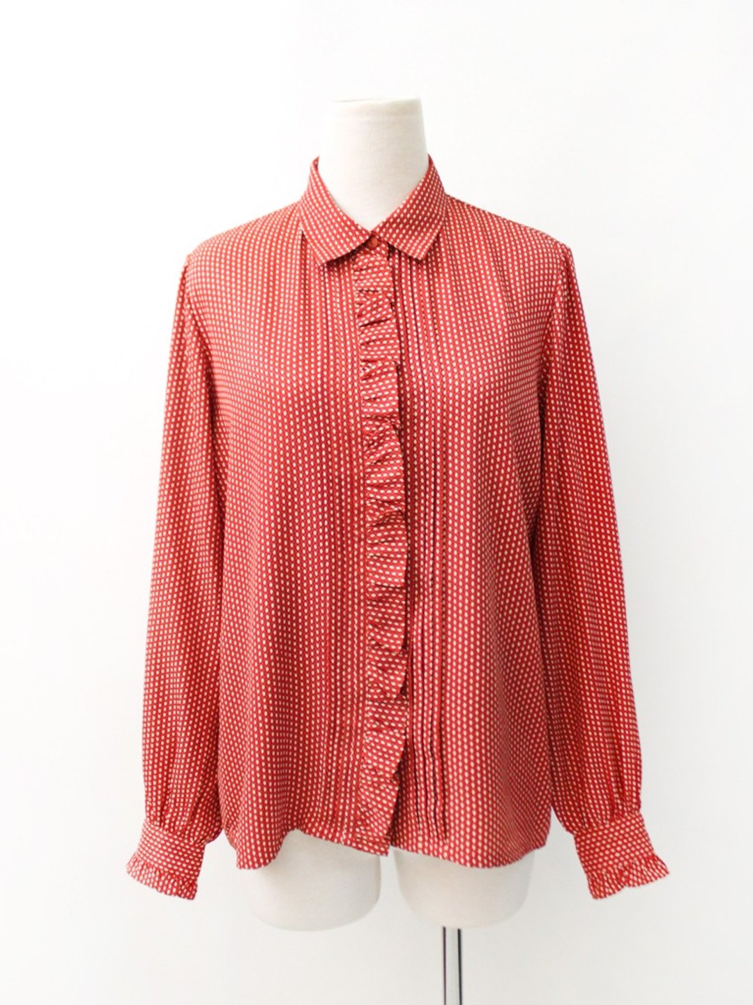 日本制复古橘红色格纹荷叶边可爱长袖古着衬衫 Vintage Blouse - 女装衬衫 - 聚酯纤维 红色