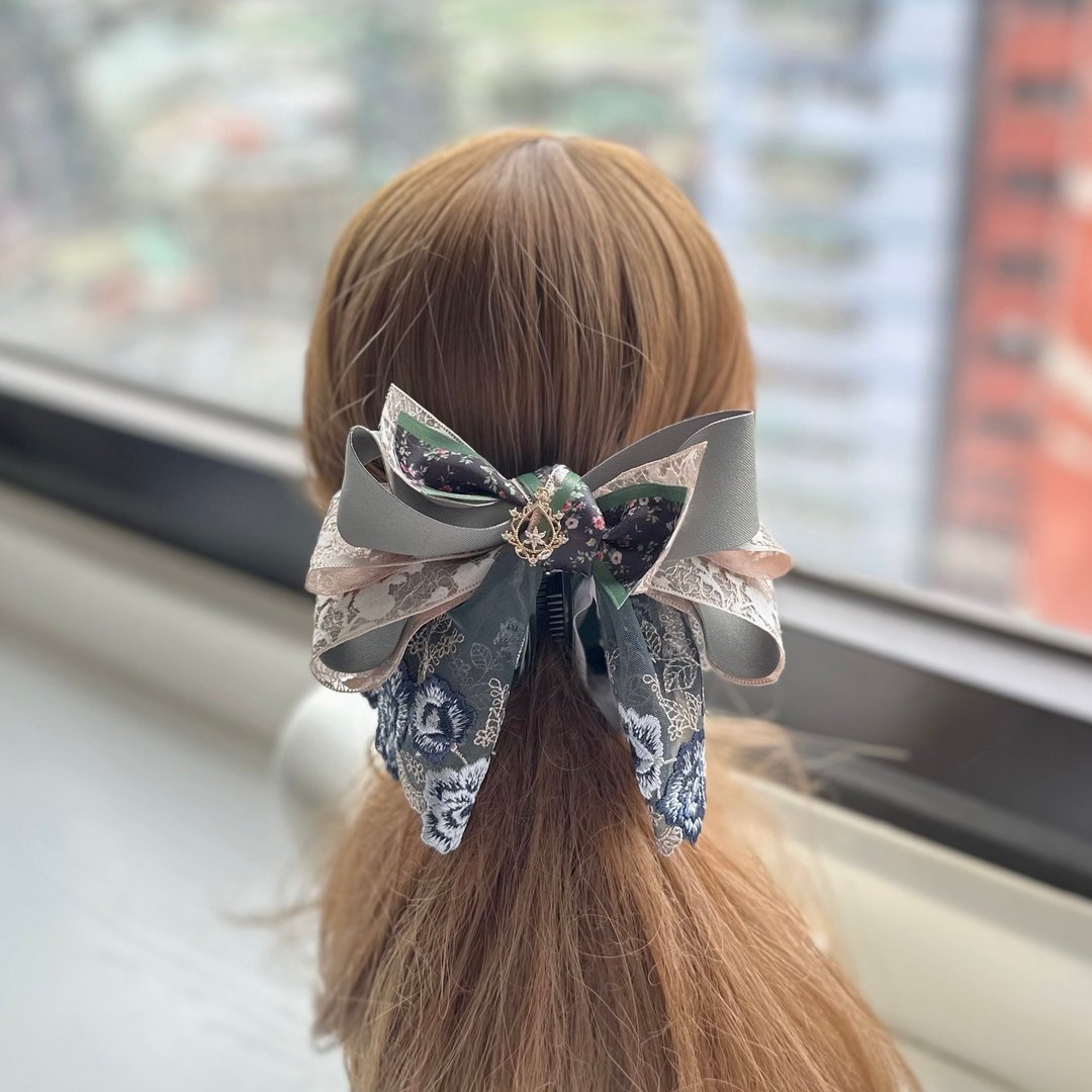 蕾丝纱蕾丝蝴蝶结相交夹香蕉夹仙女夹发夹-黑绿色 - 发饰 - 其他材质 绿色