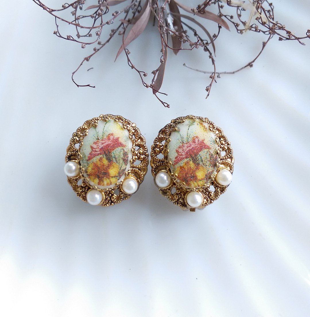 Vintage Jewelry  西德制 花丝 花卉 典雅 夹式耳环 - 耳环/耳夹 - 其他材质 金色