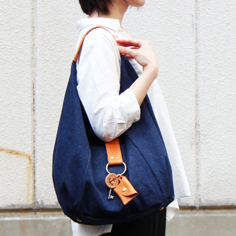polta denim-Camel denim x leather bag - 手提包/手提袋 - 棉．麻 蓝色
