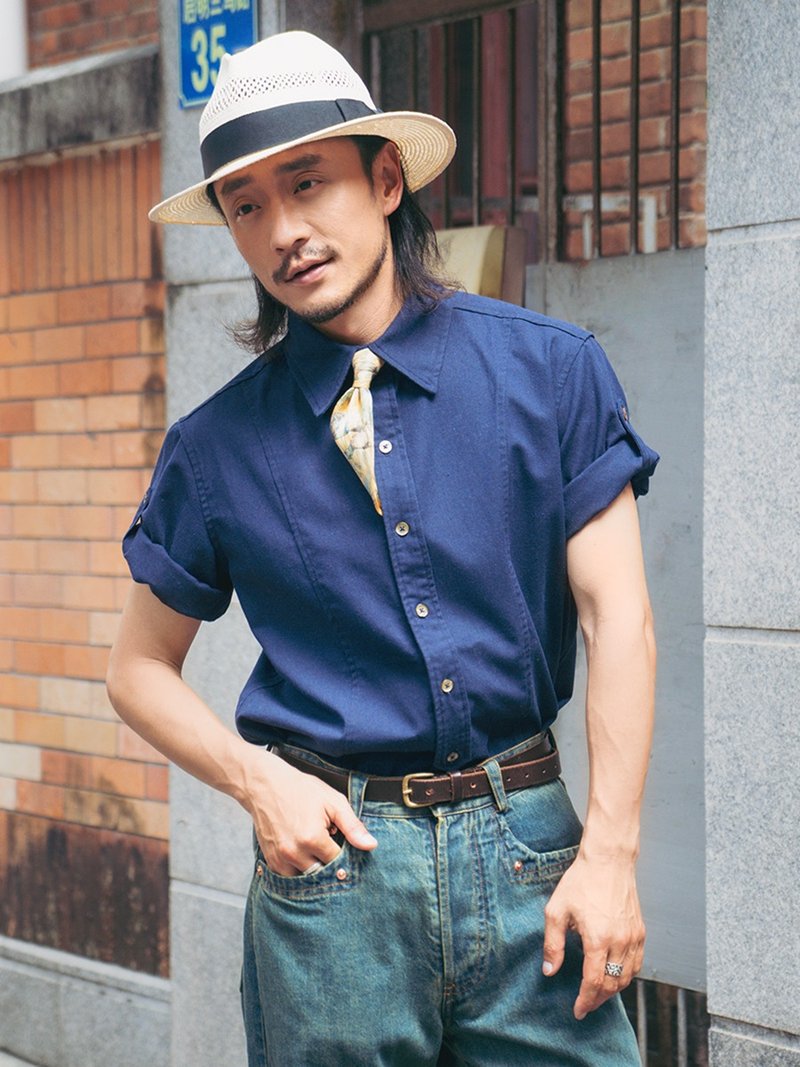 SOARIN美式复古棉麻圆摆素面衬衫(2521C410) - 男装衬衫 - 棉．麻 蓝色