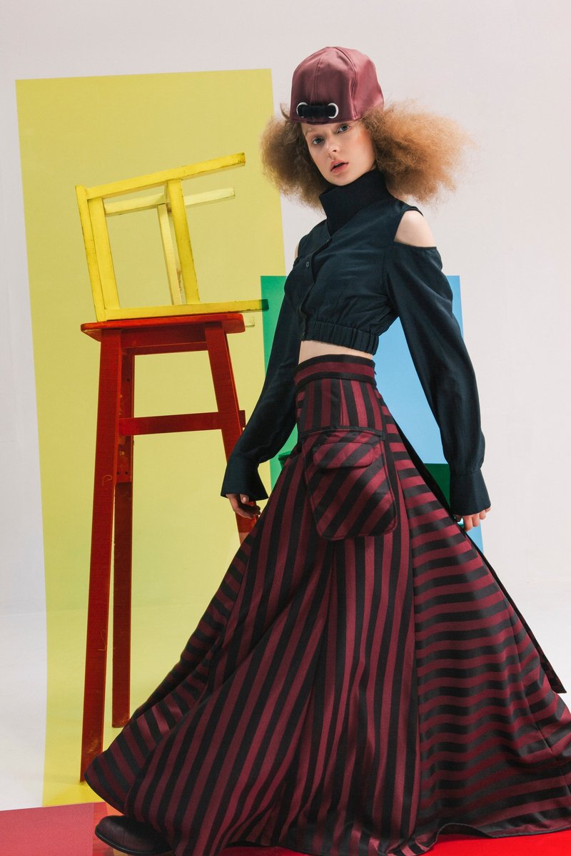 Envol Avec Ning小围裙双层长裙-条纹红 - 裙子 - 其他材质 红色